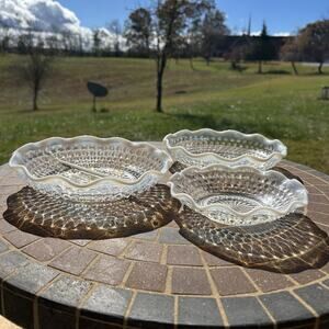 Vintage Lot of 3 Anchor Hocking Opalescent Moonstone Hobnail Bowls Relish Dish